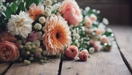 Beautiful flower bouquet on the wooden table background