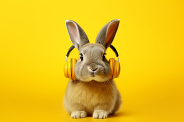 Fototapeta premium a rabbit, a rabbit with headphones listening to music, yellow background, a rabbit with earphones