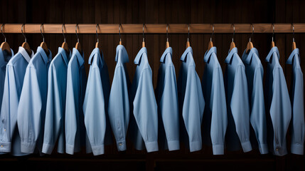 Assorted blue shirts hanging on wooden hangers, Ai generated image