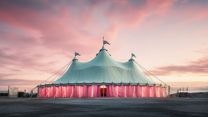 Sunset turns the circus tent into a dreamy spectacle with blues, pinks, and purples.