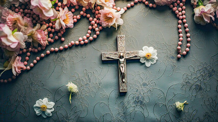 Serene altar table in soft pastel illuminated blue, adorned with Christian cross rosary, and flowers