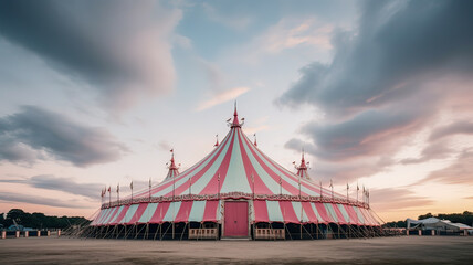 Sunset hues transform the circus tent into a dreamy spectacle amidst a cloudy evening. - obrazy, fototapety, plakaty