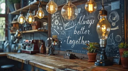 Foto op Canvas text "Always better together." draw with white chalk on blackboard with business elements,generative ai © Suralai