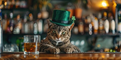 A gray tabby cat wearing a green hat serving drinks. Generative Ai