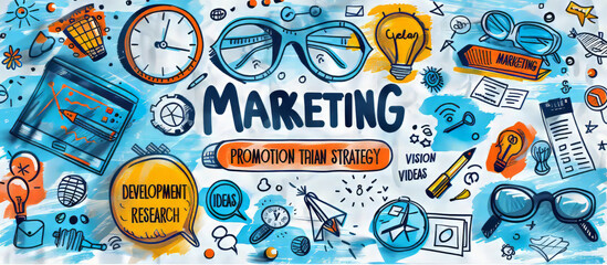 "MARKETING" at center, encircled by "PROMOTION," "STRATEGY," "VISION," "DEVELOPMENT," "IDEAS," "RESEARCH" on laptop, elegantly.generative ai