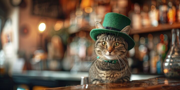 A gray tabby cat wearing a green hat serving drinks. Generative Ai