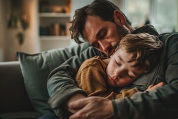 Comforting Embrace: A Tired Child and Caring Father on the Lounge Sofa - obrazy, fototapety, plakaty