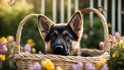 german shepherd puppy An adorable German Shepherd puppy sitting in a basket filled with spring flowers,   - obrazy, fototapety, plakaty
