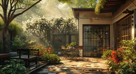 Fototapeta na wymiar Charming Villa Patio: A Captivating Perspective of the Back Garden Retreat