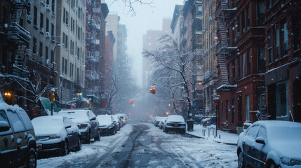 A snowy scene on a New York street with traffic lights and snow-covered cars and sidewalks