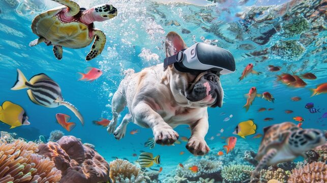 This French bulldog is humorously depicted swimming in a coral reef through the lens of VR, surrounded by marine life, blending the real with the virtual in an engaging tableau.