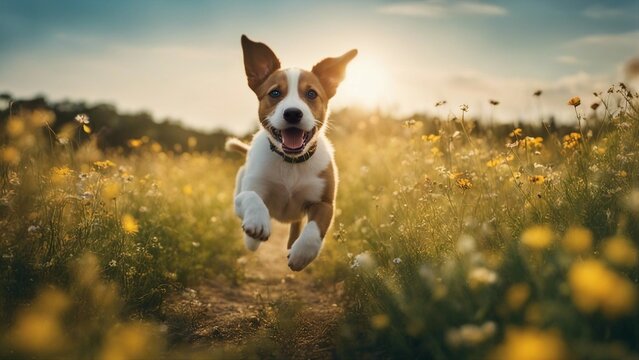 jack russell terrier A joyful puppy dog sprinting through a meadow of wildflowers,  