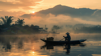 A peaceful scene with a boatman on a river during sunrise amidst the foggy mountains and traditional houses - obrazy, fototapety, plakaty