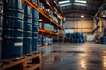 Blue industrial drums stacked on a pallet in a warehouse. - obrazy, fototapety, plakaty