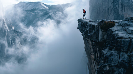 A lone adventurer stands on the precipice of a misty mountainous landscape, evoking a sense of...