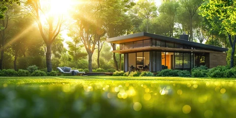 Gordijnen A Symbolic Home On A Verdant Lawn Bathed in Sunlight © MinixT