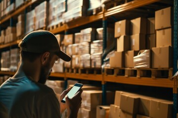 Person using smartphone in a warehouse with cardboard boxes.