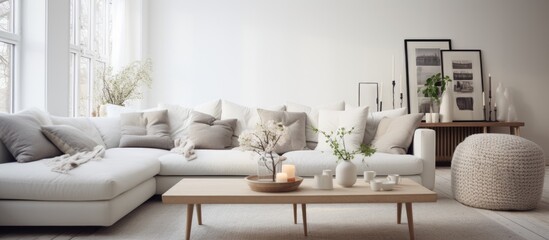 A white couch and a coffee table are the focal points in this Scandinavian living room. The couch is sleek and modern, while the coffee table is minimalistic in design.