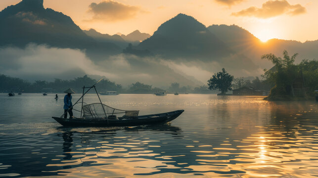 A serene image captures a fisherman on a boat surrounded by the misty waters and hills during a beautiful sunset, reflecting peace and simplicity