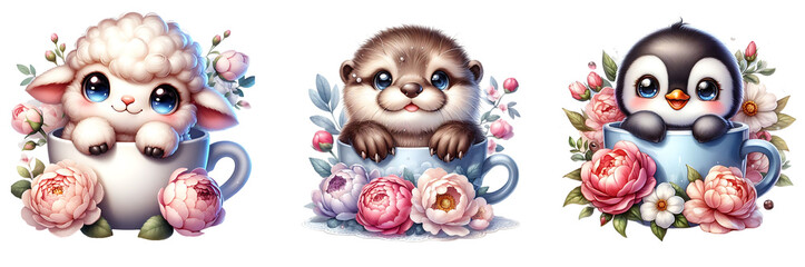 Fototapeta premium Cute Spring Animals in a coffee cup isolated on a transparent or white background, PNG 