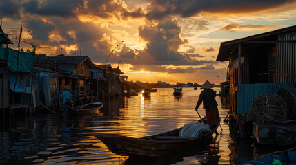 A serene sunset casts golden hues over a tranquil floating village, with a lone boatman navigating the waters - obrazy, fototapety, plakaty