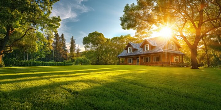 A Symbolic Home On A Verdant Lawn Bathed in Sunlight
