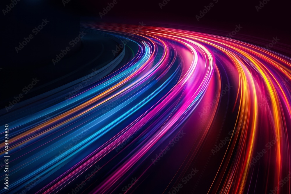 Poster abstract image of colorful light streaks in motion on a dark background.