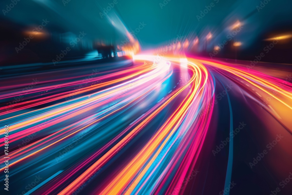 Poster abstract image of colorful light streaks in motion on a dark background.