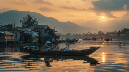 A calm sunset settling over a picturesque river village with a local in a boat immersed in reflections - obrazy, fototapety, plakaty