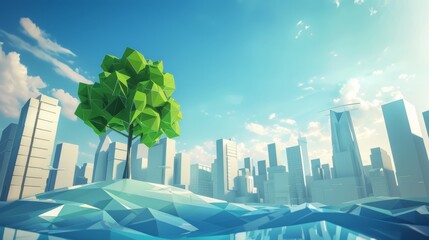 Naklejka premium An imaginative illustration of Arbor Day with a geometric tree in an urban setting, depicting the vital role of greenery in city landscapes.