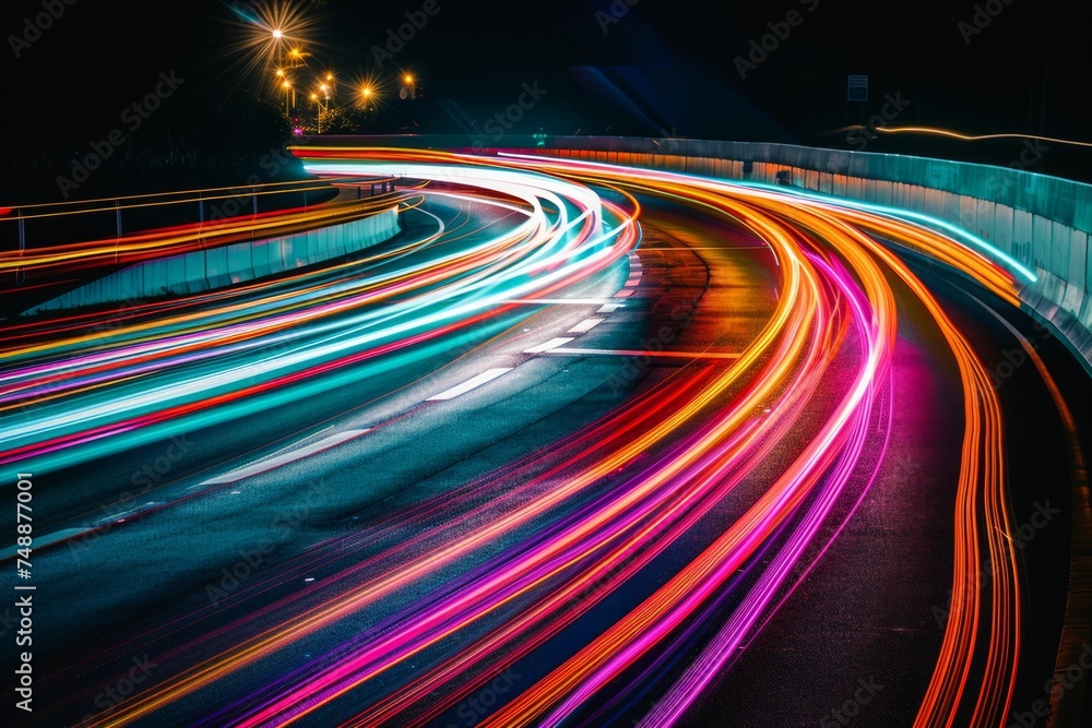 Poster abstract image of colorful light streaks in motion on a dark background.