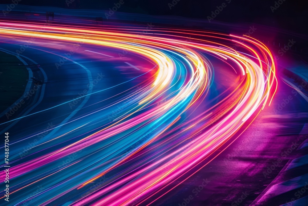 Poster abstract image of colorful light streaks in motion on a dark background.