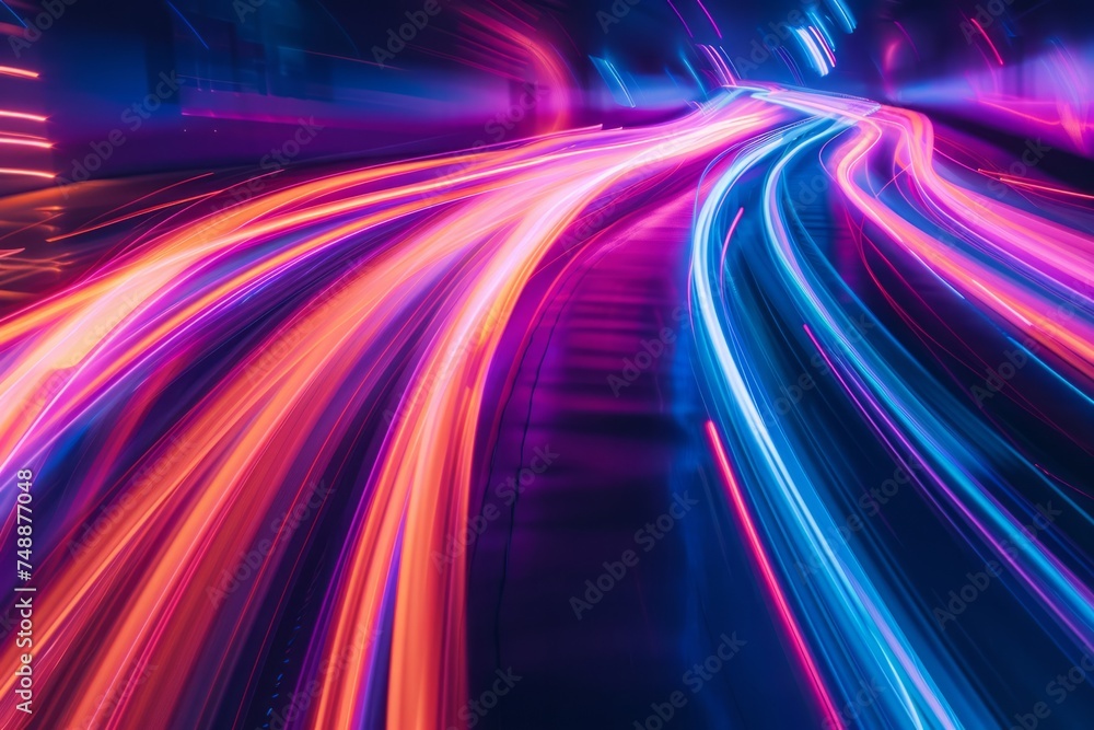 Poster abstract image of colorful light streaks in motion on a dark background.