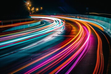 Abstract image of colorful light streaks in motion on a dark background.