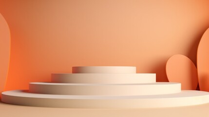 A minimalistic Cream Podium, a Stage for Demonstration, Presentation of Goods, Cosmetics, Packaging, Advertising on a peach orange background. Advertising Showcase, Platform, copy space.