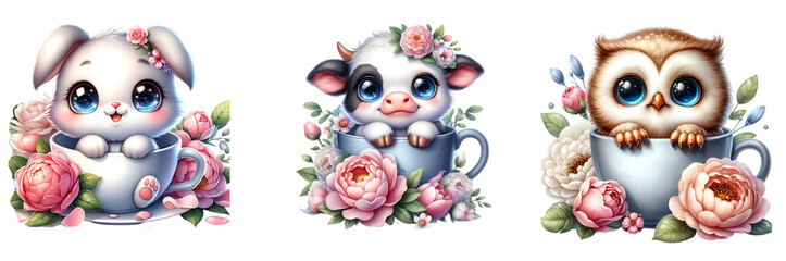 Obraz premium Cute Spring Animals in a coffee cup isolated on a transparent or white background, PNG 