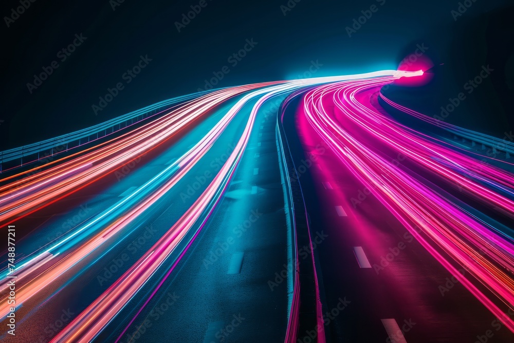 Poster abstract image of colorful light streaks in motion on a dark background.
