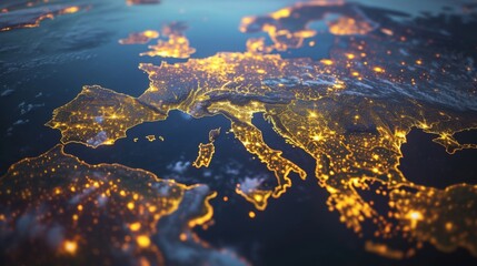 Glittering European and Asian Night: Interconnected Continents. - obrazy, fototapety, plakaty