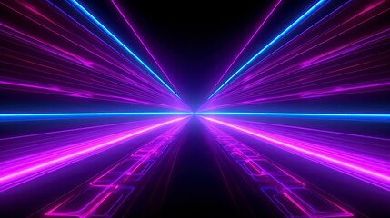 abstract neon background with ascending pink and blue glowing lines. Fantastic sci-fi corridor and wallpaper with colorful laser rays