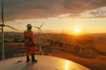 Engineer overlooking a wind farm at sunset. - obrazy, fototapety, plakaty