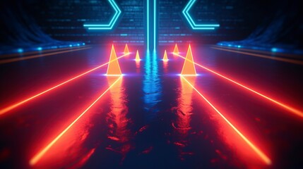 abstract neon background with ascending pink and blue glowing lines. Fantastic sci-fi corridor and wallpaper with colorful laser rays - obrazy, fototapety, plakaty
