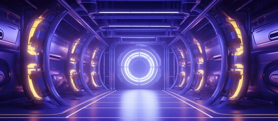 A futuristic sci-fi tunnel is illuminated by vibrant violet and yellow neon lights, creating a mesmerizing glow throughout the space. The tunnel extends into the distance,