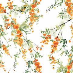 A lush seamless pattern with radiant orange blossoms and greenery, reminiscent of desert flowers in bloom.