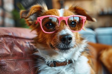 An adorable dog dons pink eyewear, exuding charm and a curious demeanor in an indoor setting