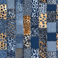 Denim Textile Mosaic with Leopard Accents for Fashion and Decor.