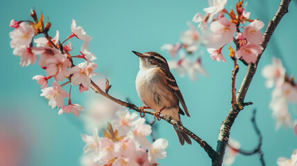 桜の枝にとまる鳥 - obrazy, fototapety, plakaty