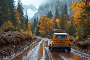 An iconic yellow retro car loaded for travel on a muddy forest road surrounded by autumn foliage