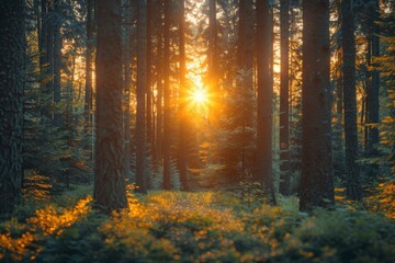 Majestic sunlight penetrates a dense forest, highlighting the natural beauty and peacefulness