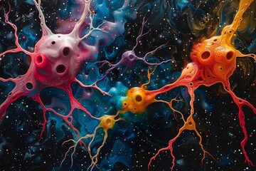 Colorful neurons connecting concepts in a brain illustrating cognitive development and innovation - obrazy, fototapety, plakaty