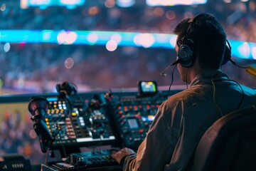 Sports broadcast technician operating equipment at a crowded stadium event.